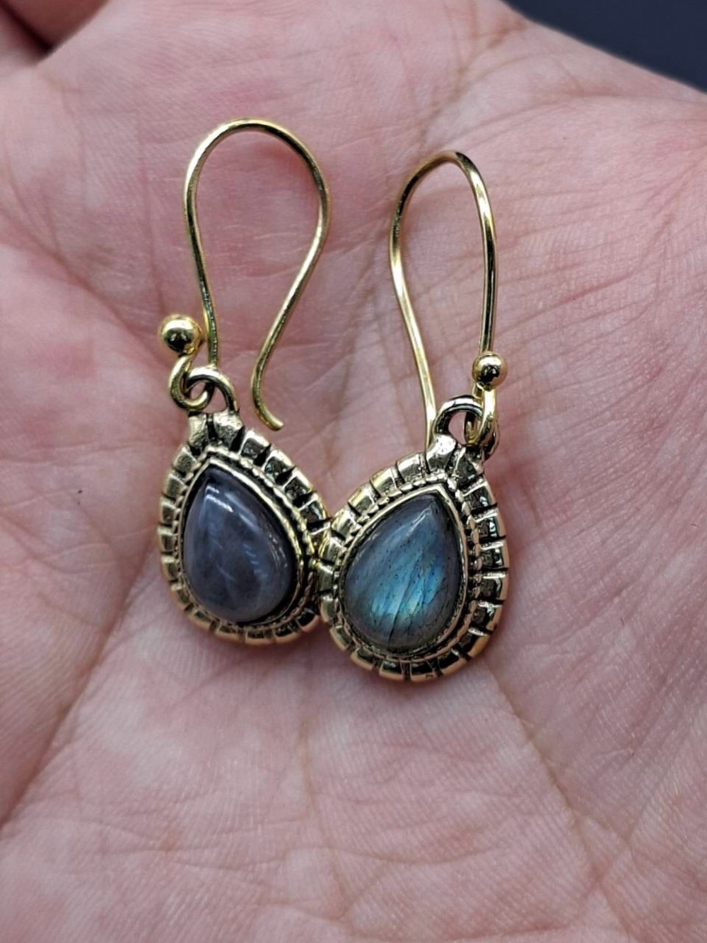Beautiful Gold Plated TearDrop Shaped Labradorite Gemstones Bezel Unique Earr